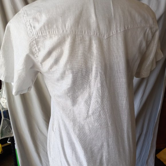 VINTAGE SHINY GLITTERY WHITE SNAP DOWN SHORT SLEEVE SHIRT - Picture 4 of 9